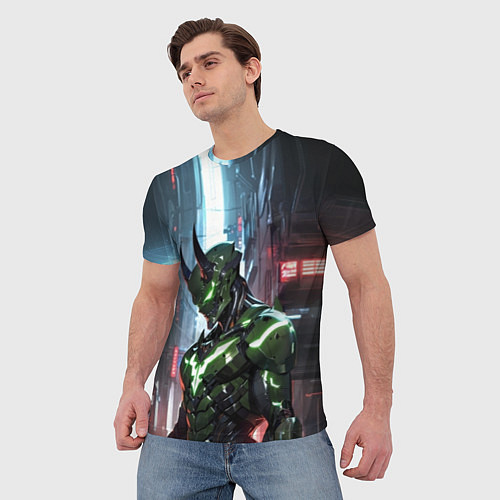 Мужская футболка Зелёный кибернетический демон / 3D-принт – фото 3