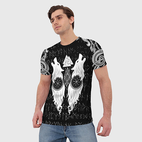Мужская футболка Волки с символикой на фоне полустёртых рун / 3D-принт – фото 3