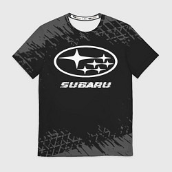 Футболка мужская Subaru speed на темном фоне со следами шин, цвет: 3D-принт