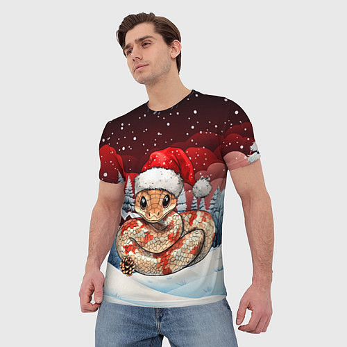 Мужская футболка Новогодняя змейка и снегопад / 3D-принт – фото 3