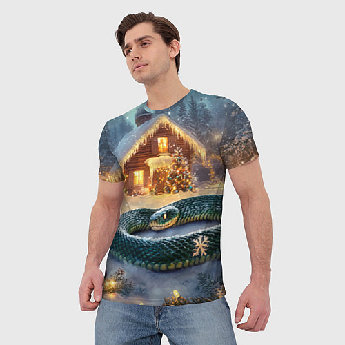 Мужская футболка Большая змея на фоне новогоднего дома / 3D-принт – фото 3