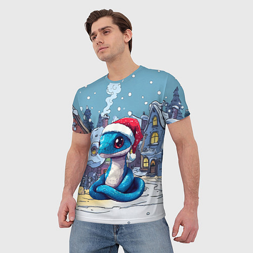 Мужская футболка Синяя змея в новогоднем городе / 3D-принт – фото 3