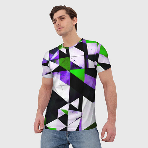 Мужская футболка Зелёно-фиолетовая абстракция на чёрно-белом фоне / 3D-принт – фото 3