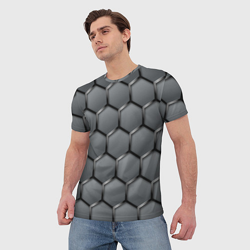 Мужская футболка Стальные шестигранники на сером фоне / 3D-принт – фото 3