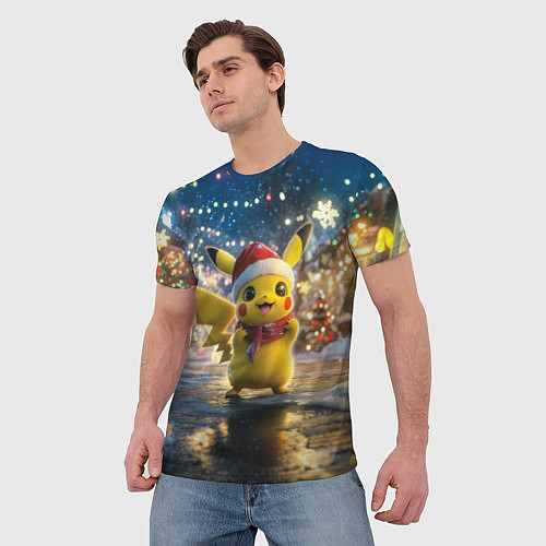 Мужская футболка Новогодний Пикачу / 3D-принт – фото 3