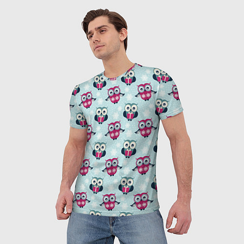 Мужская футболка Новогодний паттерн с милыми совами и снежинками / 3D-принт – фото 3