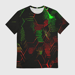 Футболка мужская Красно-зелёные точки и линии на чёрном фоне, цвет: 3D-принт
