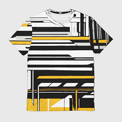 Футболка мужская Жёлто-белые технологические линии на чёрном фоне, цвет: 3D-принт