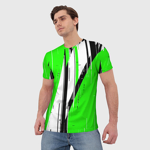 Мужская футболка Black and white vertical stripes on a green backgr / 3D-принт – фото 3