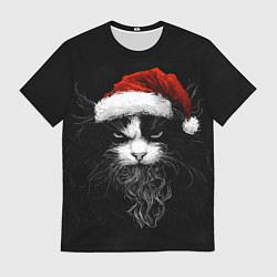 Футболка мужская Суровый кот в новогодней шапке - нейросеть, цвет: 3D-принт