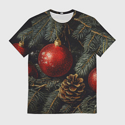Футболка мужская Красные новогодние шары с шишкой, цвет: 3D-принт