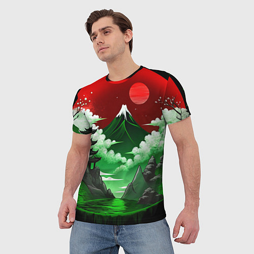 Мужская футболка Япония красно-зеленая природа / 3D-принт – фото 3