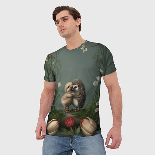 Мужская футболка Ежик и цыпленок обнимаются / 3D-принт – фото 3