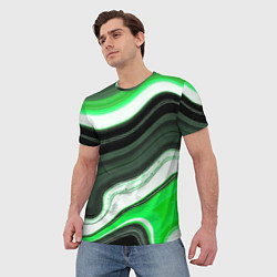 Футболка мужская Волнистые горизонтальные чёрно-зелёные полосы на б, цвет: 3D-принт — фото 2