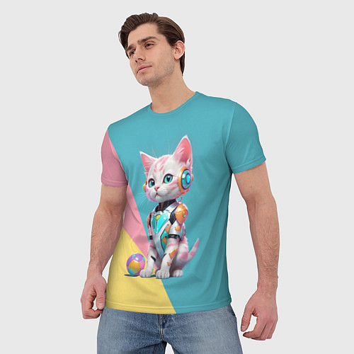Мужская футболка Кибер котёнок с мячиком - милашка / 3D-принт – фото 3