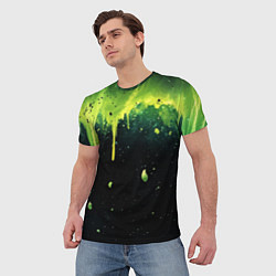 Футболка мужская Зеленая стекающая краска по черному фону, цвет: 3D-принт — фото 2
