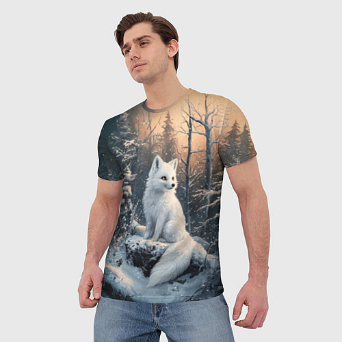 Мужская футболка Белый лисенок в зимнем лесу / 3D-принт – фото 3