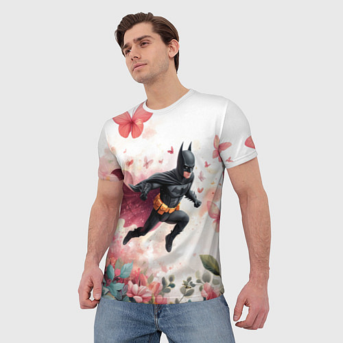 Мужская футболка Бэтмен прыгает над цветами и бабочками / 3D-принт – фото 3