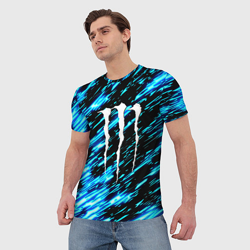 Мужская футболка Monster energy штрихи голубых неоновых красок / 3D-принт – фото 3