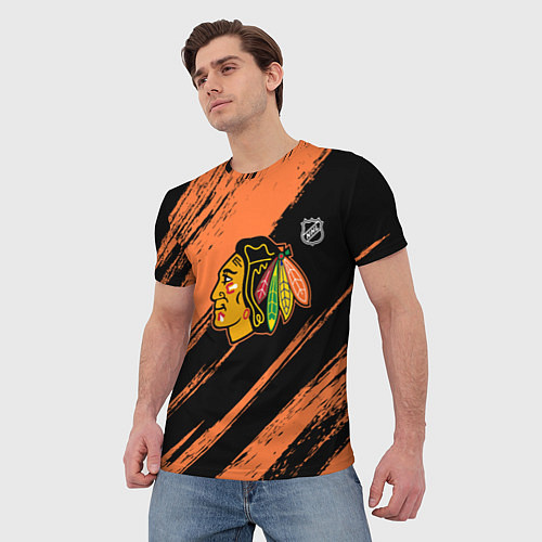 Мужская футболка Чикаго Блэкхокс - фон с оранжевыми потертостами / 3D-принт – фото 3