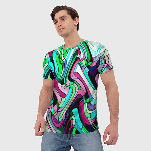 Мужская футболка Зелёно-розовый искажённая абстракция / 3D-принт – фото 3