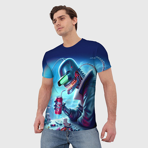 Мужская футболка Кибер Бендер пьёт лимонад - неоновое свечение / 3D-принт – фото 3