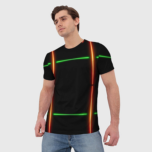 Мужская футболка Color black green orange lines / 3D-принт – фото 3