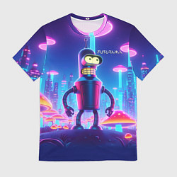 Футболка мужская Робот-сгибальщик Бендер в неоновом грибном мегапол, цвет: 3D-принт