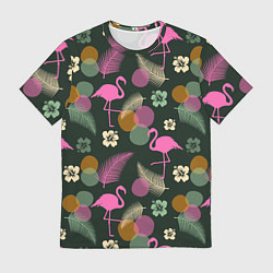 Футболка мужская Фламинго и листья на темно-зеленом, цвет: 3D-принт