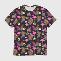 Футболка мужская Фламинго и листья на темно-синем, цвет: 3D-принт