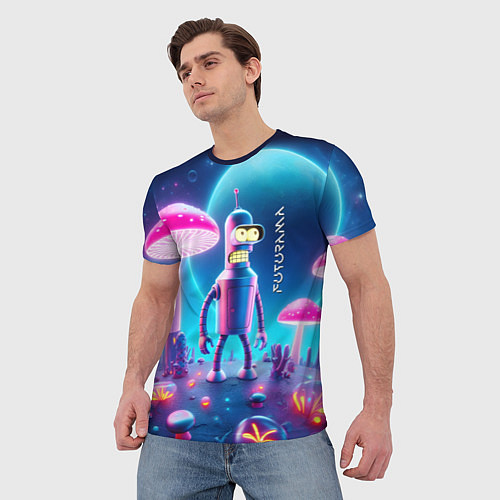 Мужская футболка Робот-сгибальщик Бендер и неоновые грибы / 3D-принт – фото 3