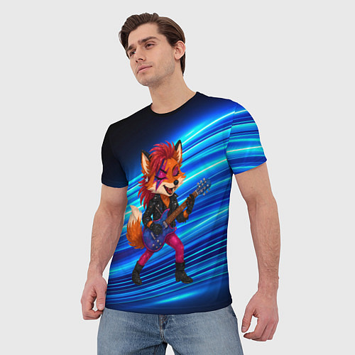 Мужская футболка Лиса в косухе и гитарой - рок звезда / 3D-принт – фото 3