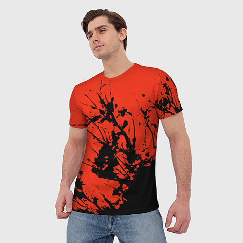 Мужская футболка Взрыв чёрной краски на красно-оранжевом / 3D-принт – фото 3