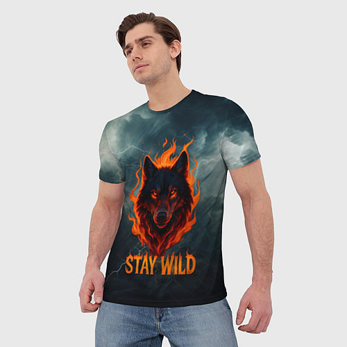 Мужская футболка Stay wild волк в огне / 3D-принт – фото 3