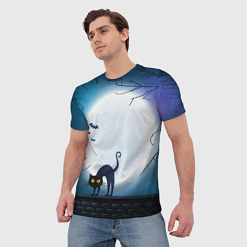 Мужская футболка Полнолуние и черный кот - жуткий Хэллоуин / 3D-принт – фото 3