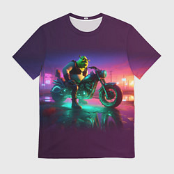 Футболка мужская Шрек на мотоцикле на закате - нейроарт фантазия, цвет: 3D-принт