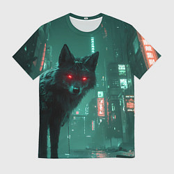 Футболка мужская Лиса в сияющими глазами в стиле киберпанк, цвет: 3D-принт