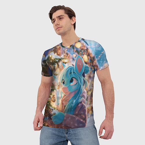 Мужская футболка Синяя новогодняя лошадка / 3D-принт – фото 3