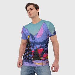 Футболка мужская Новогодние елки в горном городке, цвет: 3D-принт — фото 2