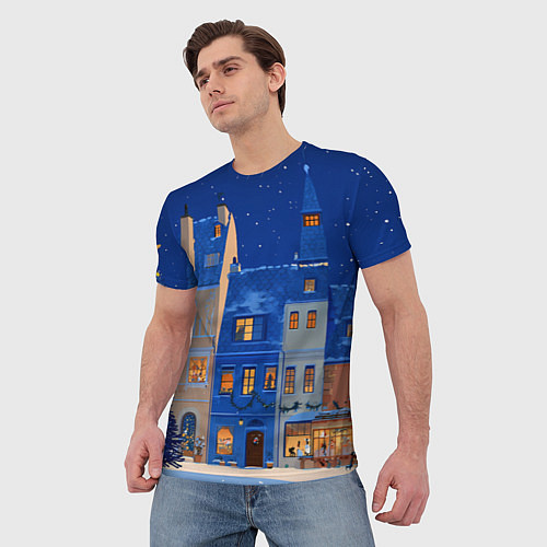 Мужская футболка Синяя новогодняя елочка во дворе / 3D-принт – фото 3