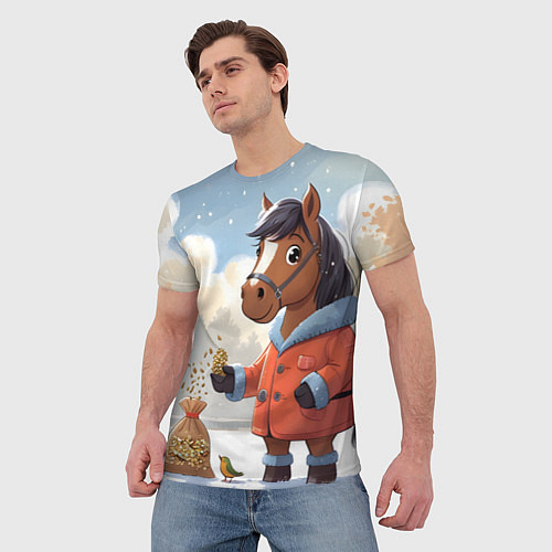 Мужская футболка Лошадка на зимней прогулке / 3D-принт – фото 3