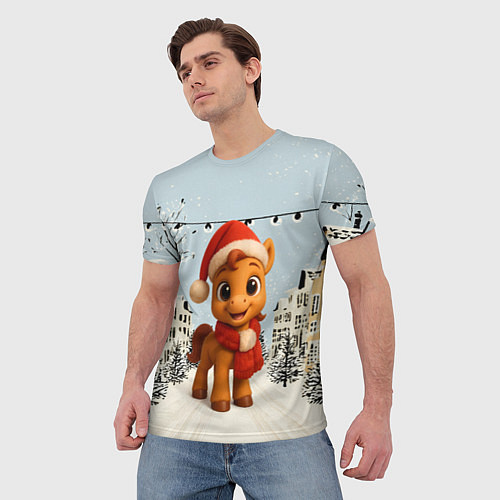 Мужская футболка Милая новогодняя лошадка с шарфом / 3D-принт – фото 3