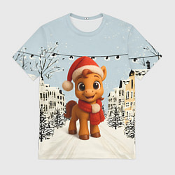 Футболка мужская Милая новогодняя лошадка с шарфом, цвет: 3D-принт