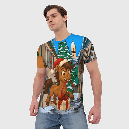 Мужская футболка Лошадка распаковывает новогодний подарок / 3D-принт – фото 3