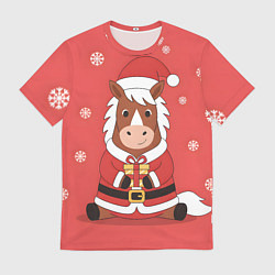 Футболка мужская Новогодняя лошадка с подарком, цвет: 3D-принт
