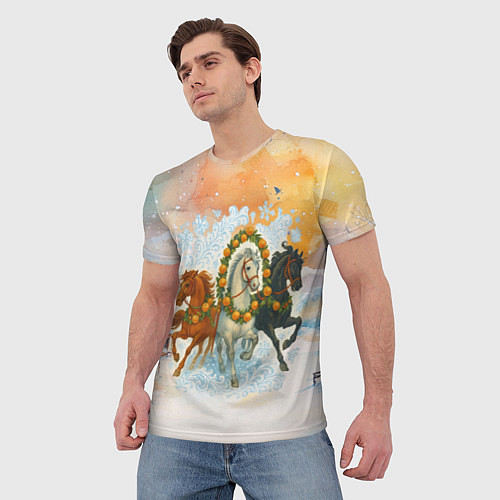Мужская футболка Новогодняя тройка лошадей с мандаринами / 3D-принт – фото 3