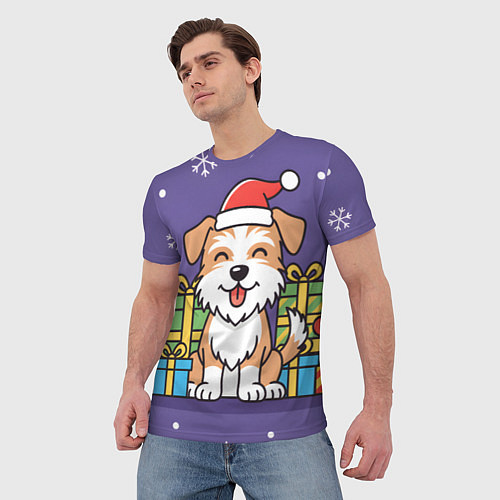 Мужская футболка Новогодняя собачка с подарками / 3D-принт – фото 3