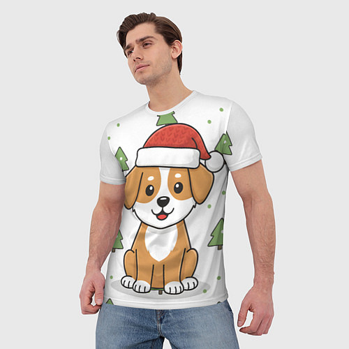 Мужская футболка Новогодняя собачка в шапочке / 3D-принт – фото 3