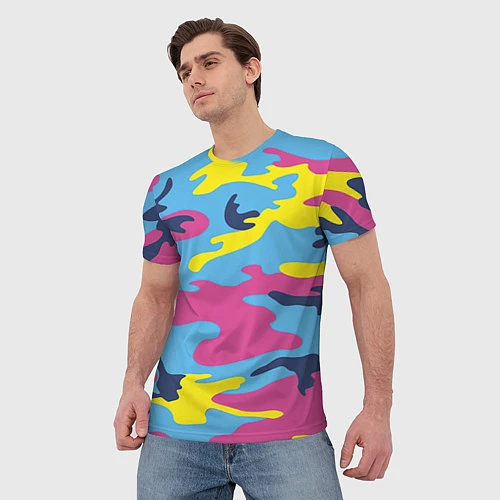 Мужская футболка Камуфляж: голубой/розовый/желтый / 3D-принт – фото 3