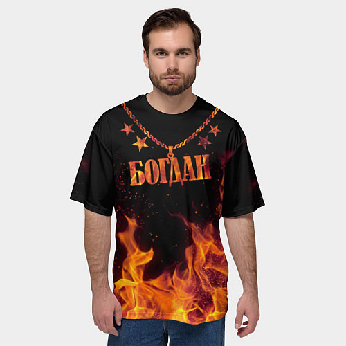 Мужская футболка оверсайз Богдан - кулон на цепи в огне / 3D-принт – фото 3